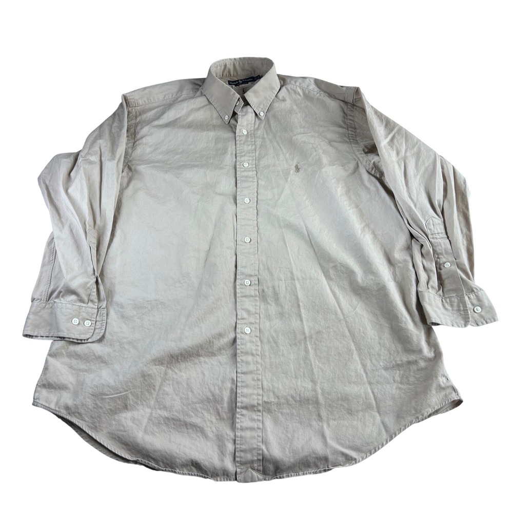 Ralph Lauren Yarmouth Mens 17 32/33 Tan Khaki Cotton Button Down Shirt Pony Logo